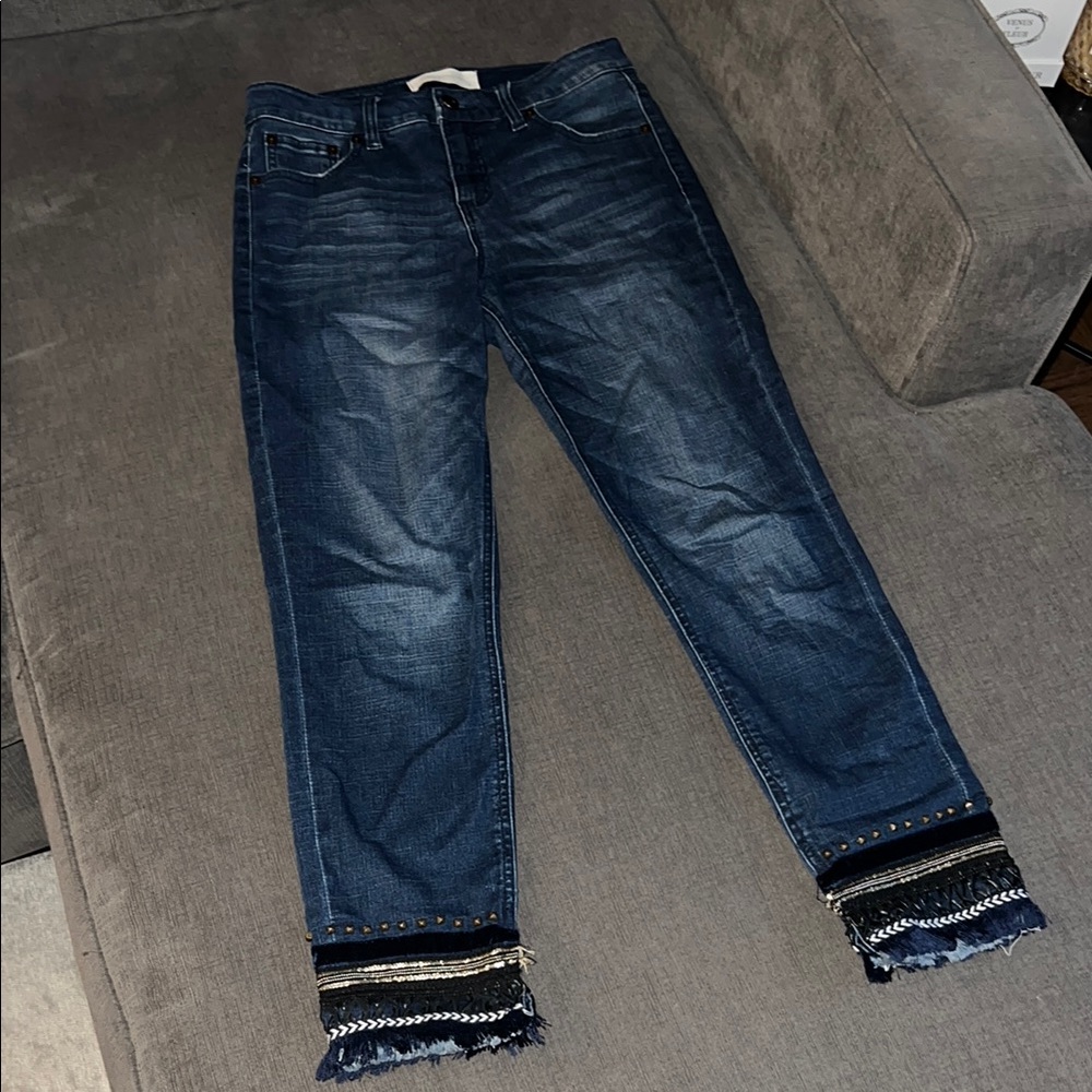 Dark Blue Jeans with Embellished Hem